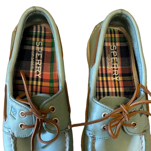 Sperry Boat Shoes 9 Men Blue Green Leather Top Sider Slide On Casual Beach - Picture 8 of 9